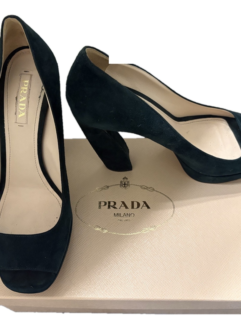 Prada Green Suede Peep-Toe Block Heel Pumps